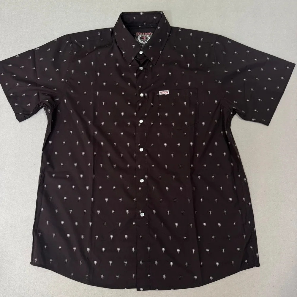 Dixxon The Historia Shirt Mens L Black Short Sleeve Cross Print Button Down